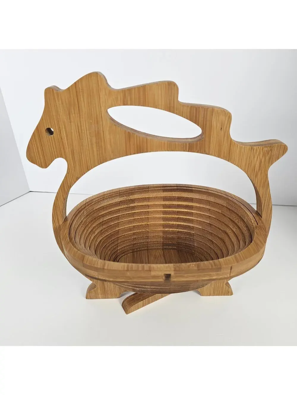 Folding Bamboo Fruit Basket Horse Shape 3D Pop-Up Bowl Cutting Board 10x11”